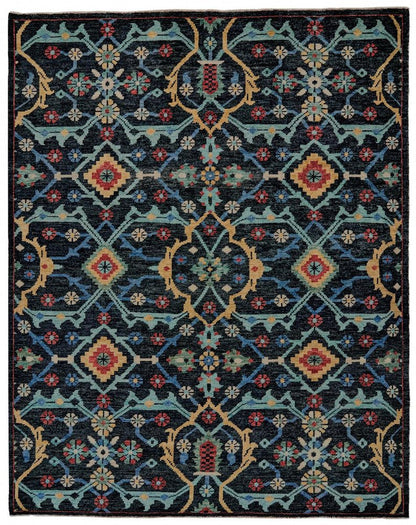 2' X 3' Black Blue And Orange Wool Hand Knotted Distressed Area Rug With Fringe