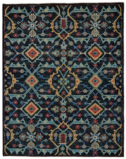 2' X 3' Black Blue And Orange Wool Tribal Hand Knotted Distressed Area Rug With Fringe