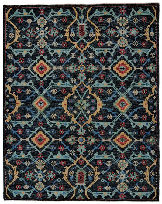 2' X 3' Black Blue And Orange Wool Hand Knotted Distressed Area Rug With Fringe