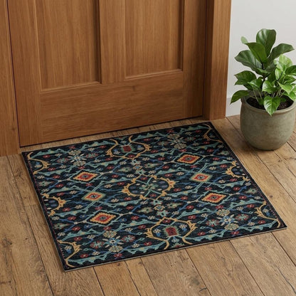 2' X 3' Black Blue And Orange Wool Hand Knotted Distressed Area Rug With Fringe