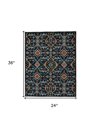 2' X 3' Black Blue And Orange Wool Tribal Hand Knotted Distressed Area Rug With Fringe