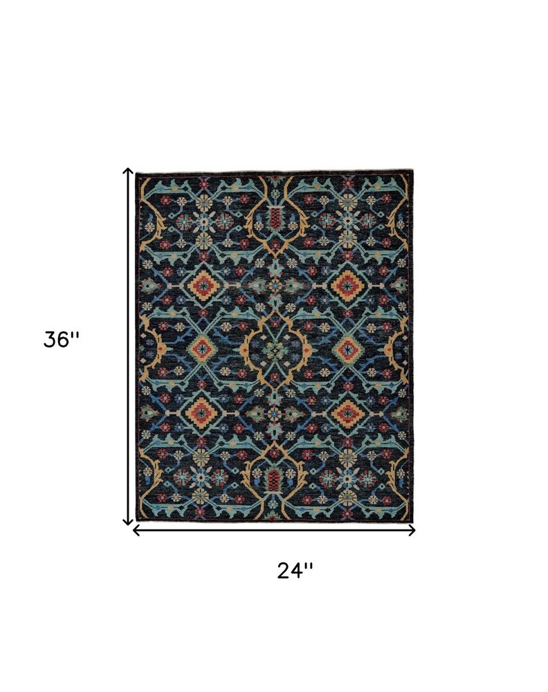 2' X 3' Black Blue And Orange Wool Hand Knotted Distressed Area Rug With Fringe