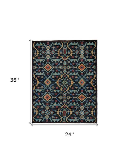 2' X 3' Black Blue And Orange Wool Hand Knotted Distressed Area Rug With Fringe