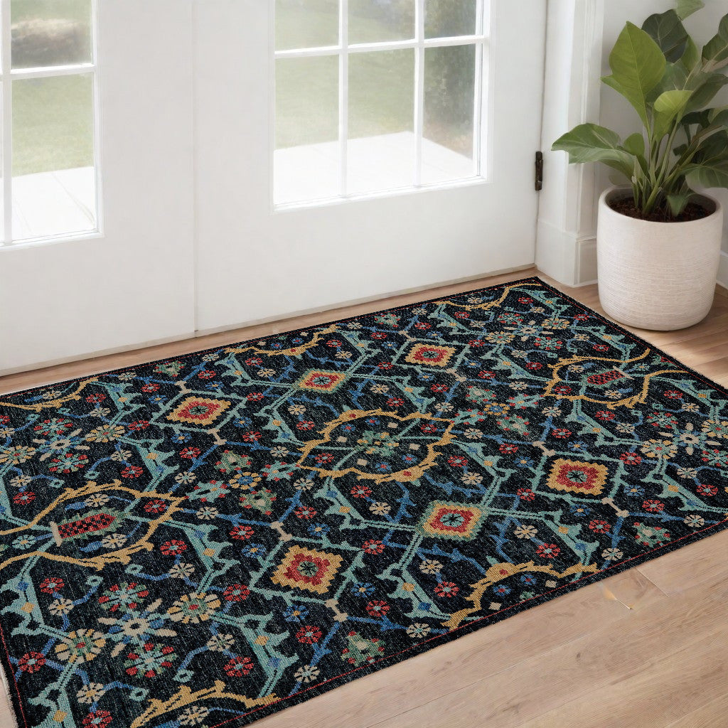 4' X 6' Blue Yellow And Red Wool Floral Hand Knotted Distressed Stain Resistant Area Rug With Fringe