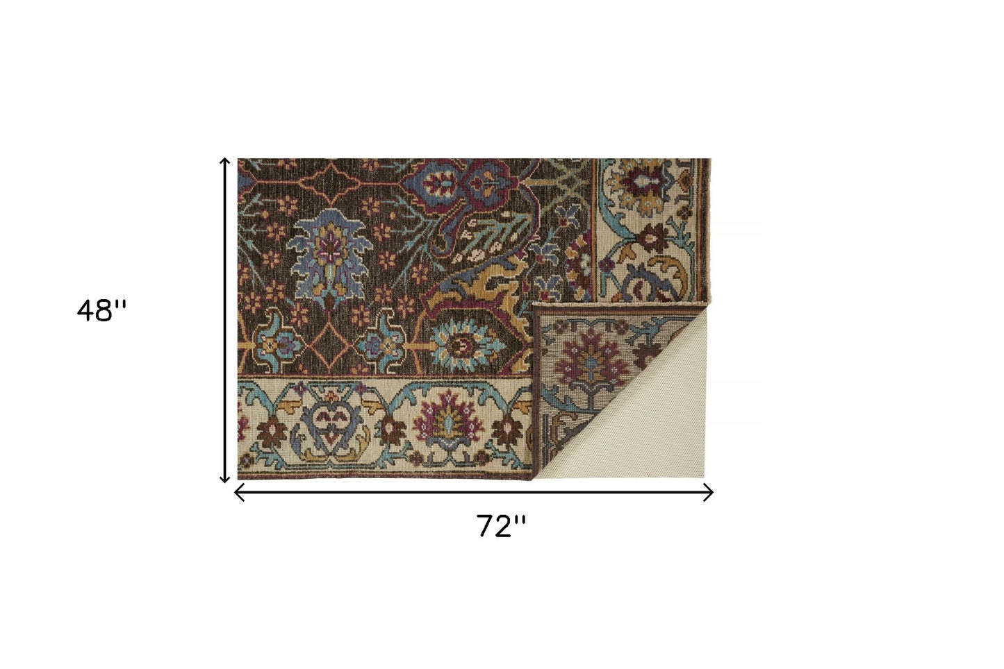 5' X 8' Ivory Brown And Blue Wool Floral Hand Knotted Distressed Stain Resistant Area Rug With Fringe