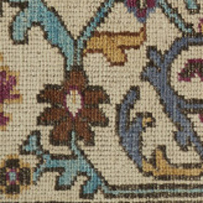 2' X 3' Ivory and Blue Wool Floral Hand Knotted Distressed Area Rug With Fringe