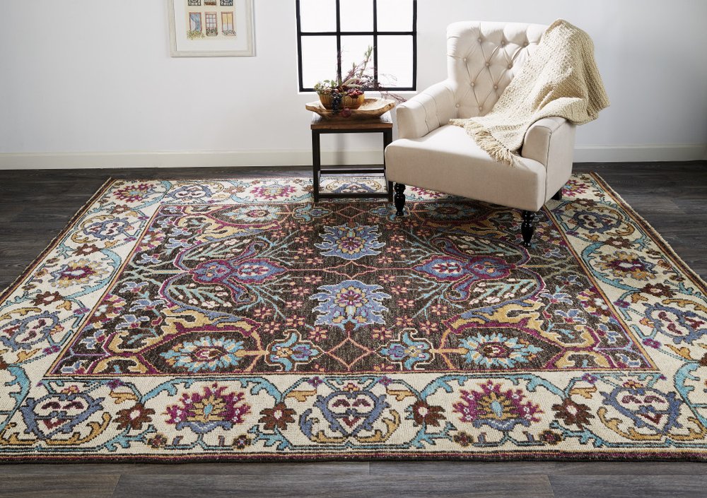 2' X 3' Ivory and Blue Wool Floral Hand Knotted Distressed Area Rug With Fringe