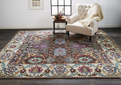 2' X 3' Ivory and Blue Wool Floral Hand Knotted Distressed Area Rug With Fringe