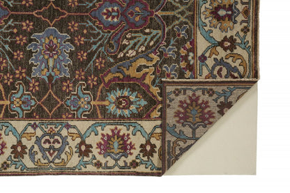 2' X 3' Ivory and Blue Wool Floral Hand Knotted Distressed Area Rug With Fringe