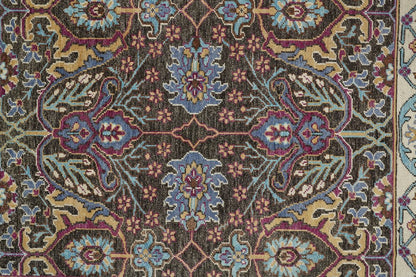 2' X 3' Ivory and Blue Wool Floral Hand Knotted Distressed Area Rug With Fringe