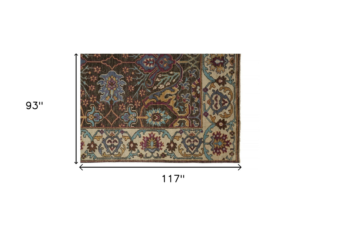 5' X 8' Ivory Brown And Blue Wool Floral Hand Knotted Distressed Stain Resistant Area Rug With Fringe