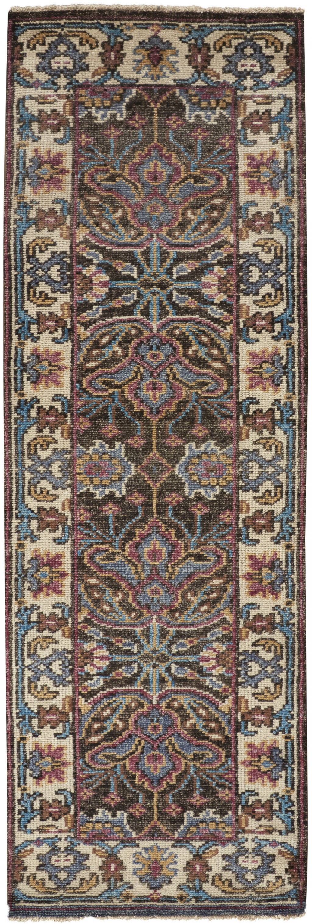 5' X 8' Ivory Brown And Blue Wool Floral Hand Knotted Distressed Stain Resistant Area Rug With Fringe