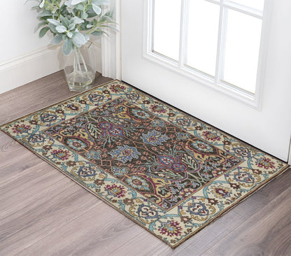 2' X 3' Ivory and Blue Wool Floral Hand Knotted Distressed Area Rug With Fringe