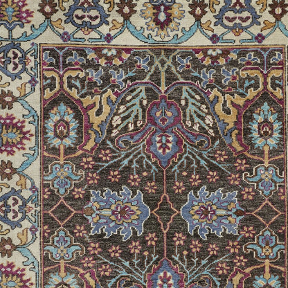 2' X 3' Ivory and Blue Wool Floral Hand Knotted Distressed Area Rug With Fringe