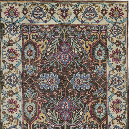 2' X 3' Ivory and Blue Wool Floral Hand Knotted Distressed Area Rug With Fringe