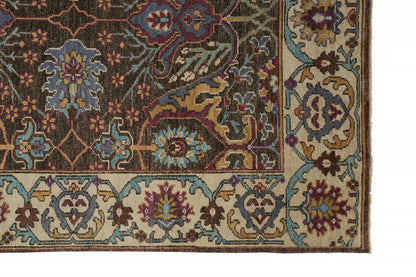 2' X 3' Ivory and Blue Wool Floral Hand Knotted Distressed Area Rug With Fringe