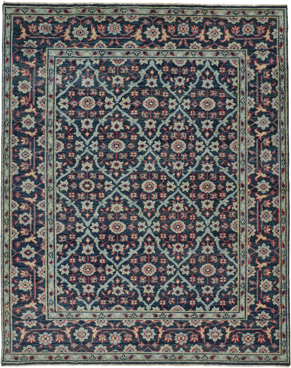 8' X 10' Blue Green And Red Wool Floral Hand Knotted Distressed Stain Resistant Area Rug With Fringe