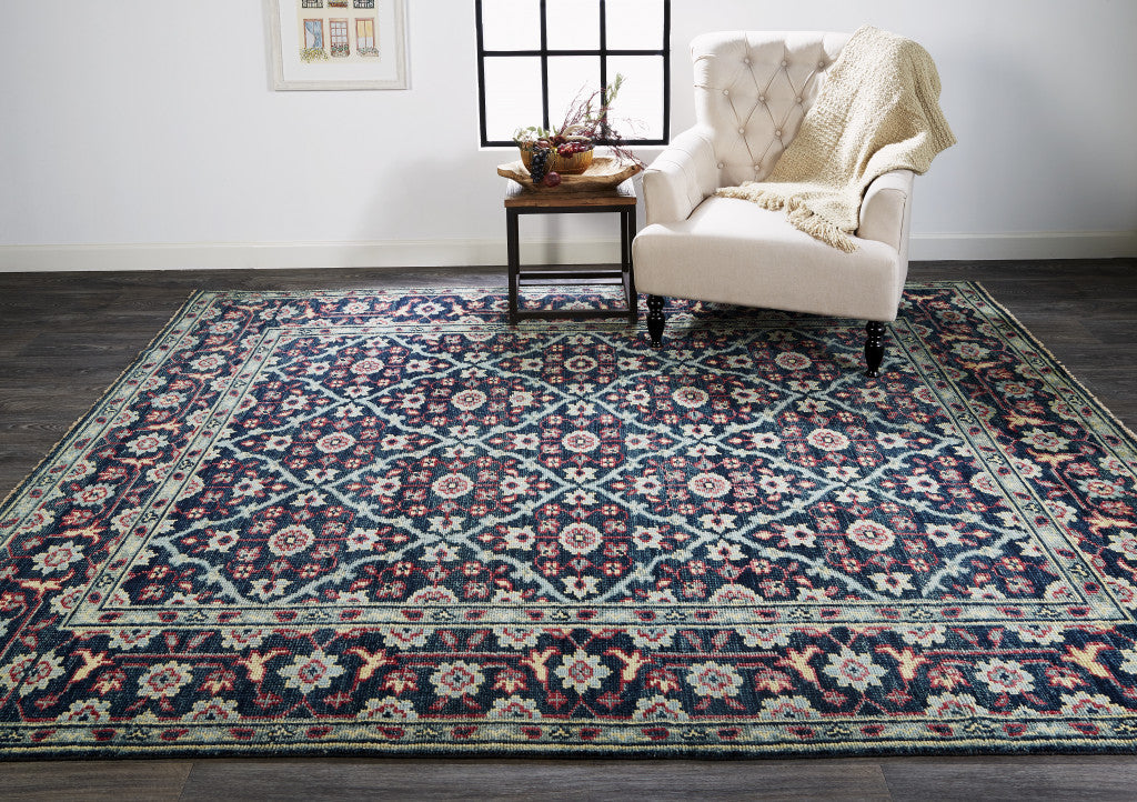 8' X 10' Blue Green And Red Wool Floral Hand Knotted Distressed Stain Resistant Area Rug With Fringe