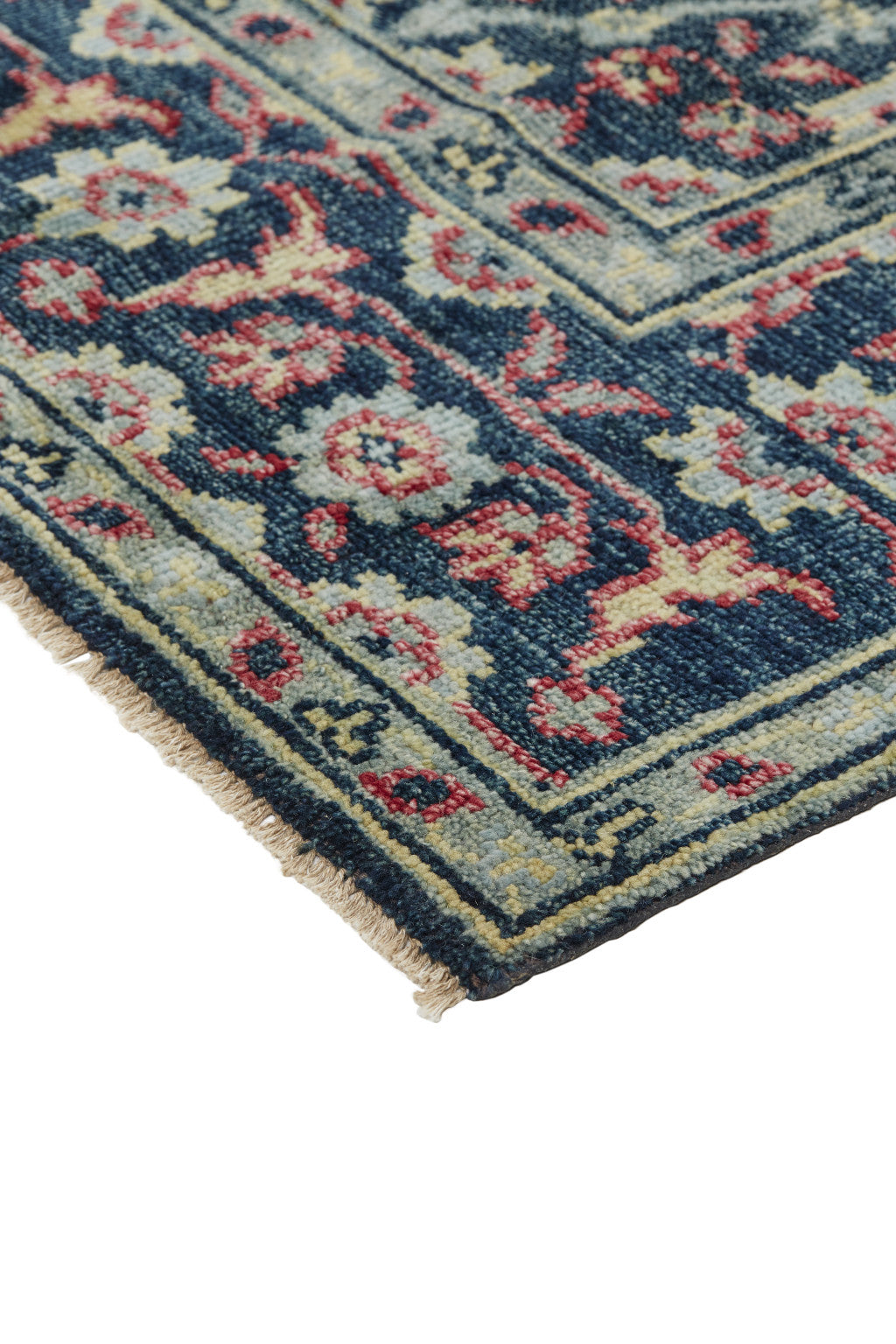 8' X 10' Blue Green And Red Wool Floral Hand Knotted Distressed Stain Resistant Area Rug With Fringe