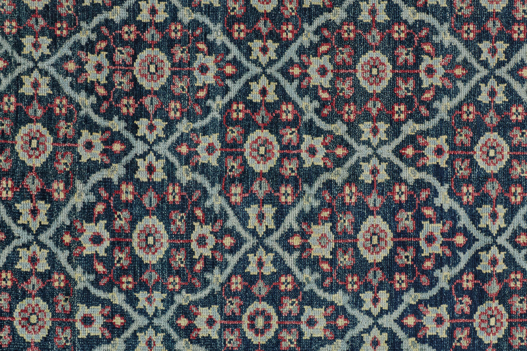 8' X 10' Blue Green And Red Wool Floral Hand Knotted Distressed Stain Resistant Area Rug With Fringe