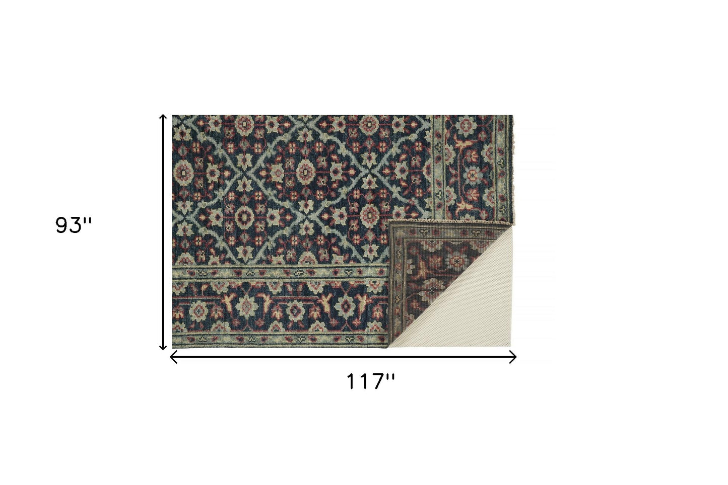 8' X 10' Blue Green And Red Wool Floral Hand Knotted Distressed Stain Resistant Area Rug With Fringe