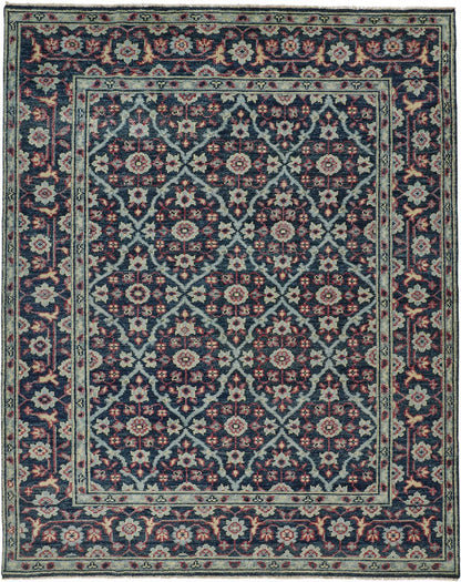 8' X 10' Blue Green And Red Wool Floral Hand Knotted Distressed Stain Resistant Area Rug With Fringe