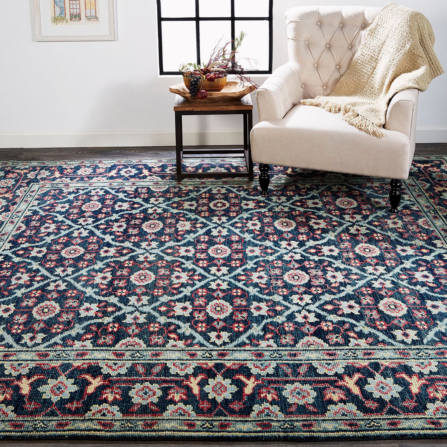 8' X 10' Blue Green And Red Wool Floral Hand Knotted Distressed Stain Resistant Area Rug With Fringe