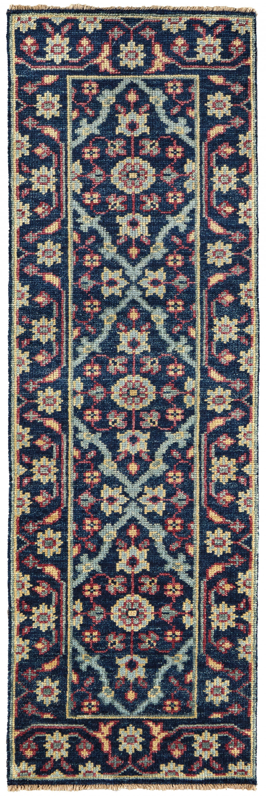 8' X 10' Blue Green And Red Wool Floral Hand Knotted Distressed Stain Resistant Area Rug With Fringe