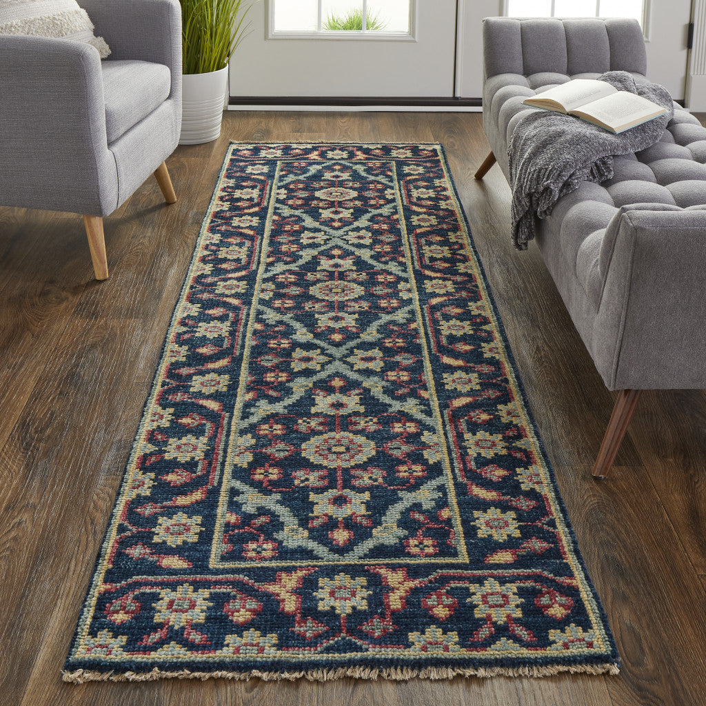 8' X 10' Blue Green And Red Wool Floral Hand Knotted Distressed Stain Resistant Area Rug With Fringe