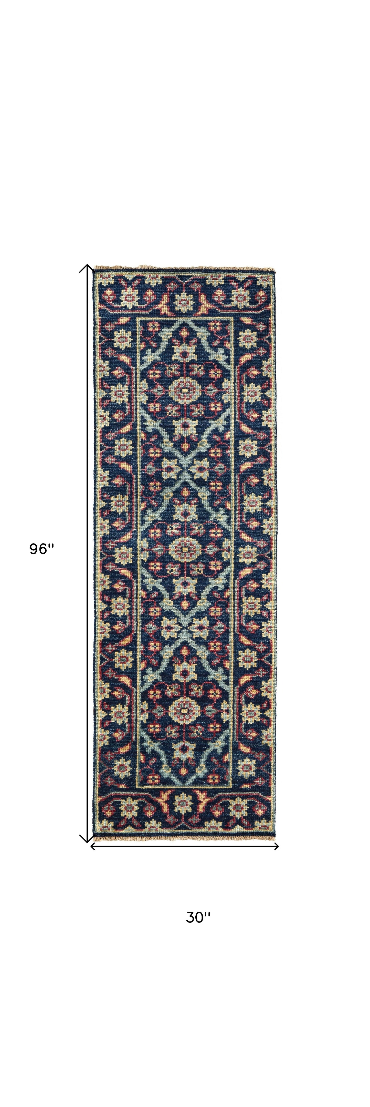 8' X 10' Blue Green And Red Wool Floral Hand Knotted Distressed Stain Resistant Area Rug With Fringe