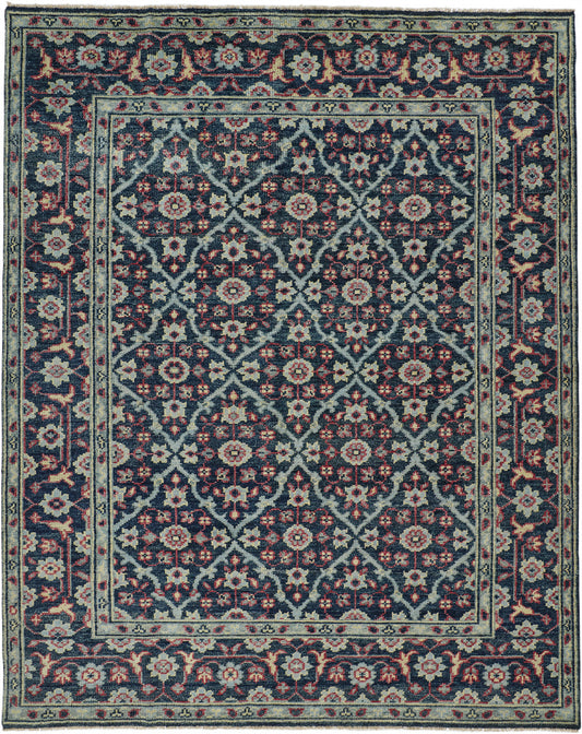 4' X 6' Blue Green And Red Wool Floral Hand Knotted Distressed Stain Resistant Area Rug With Fringe