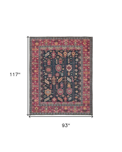 10' X 13' Dark Pink Blue And Black Wool Tribal Hand Knotted Distressed Area Rug With Fringe