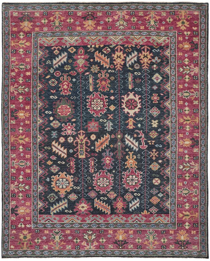 10' X 13' Dark Pink Blue And Black Wool Tribal Hand Knotted Distressed Area Rug With Fringe