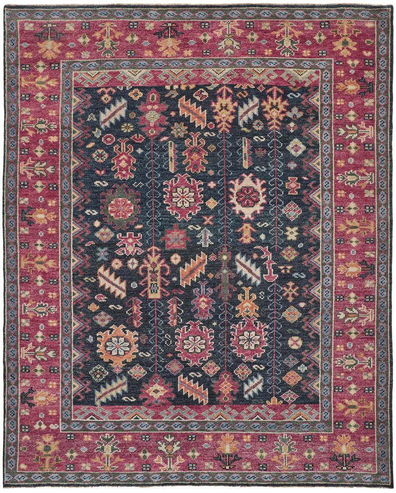 10' X 13' Dark Pink Blue And Black Wool Tribal Hand Knotted Distressed Area Rug With Fringe