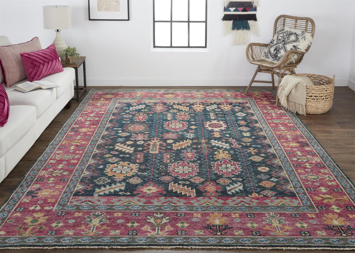 9' X 12' Pink Blue And Orange Wool Floral Hand Knotted Distressed Stain Resistant Area Rug With Fringe