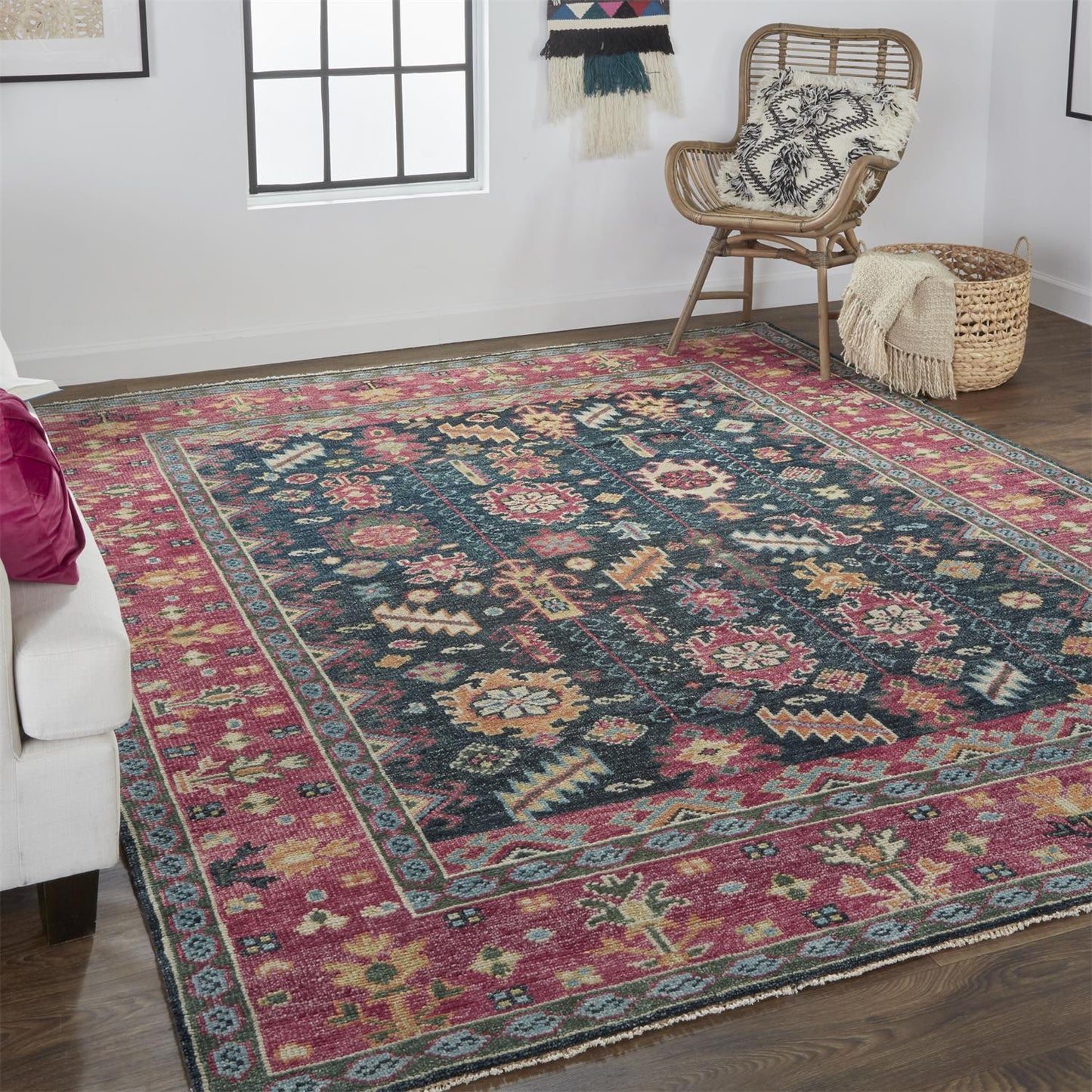 9' X 12' Pink Blue And Orange Wool Floral Hand Knotted Distressed Stain Resistant Area Rug With Fringe