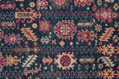 10' X 13' Dark Pink Blue And Black Wool Tribal Hand Knotted Distressed Area Rug With Fringe