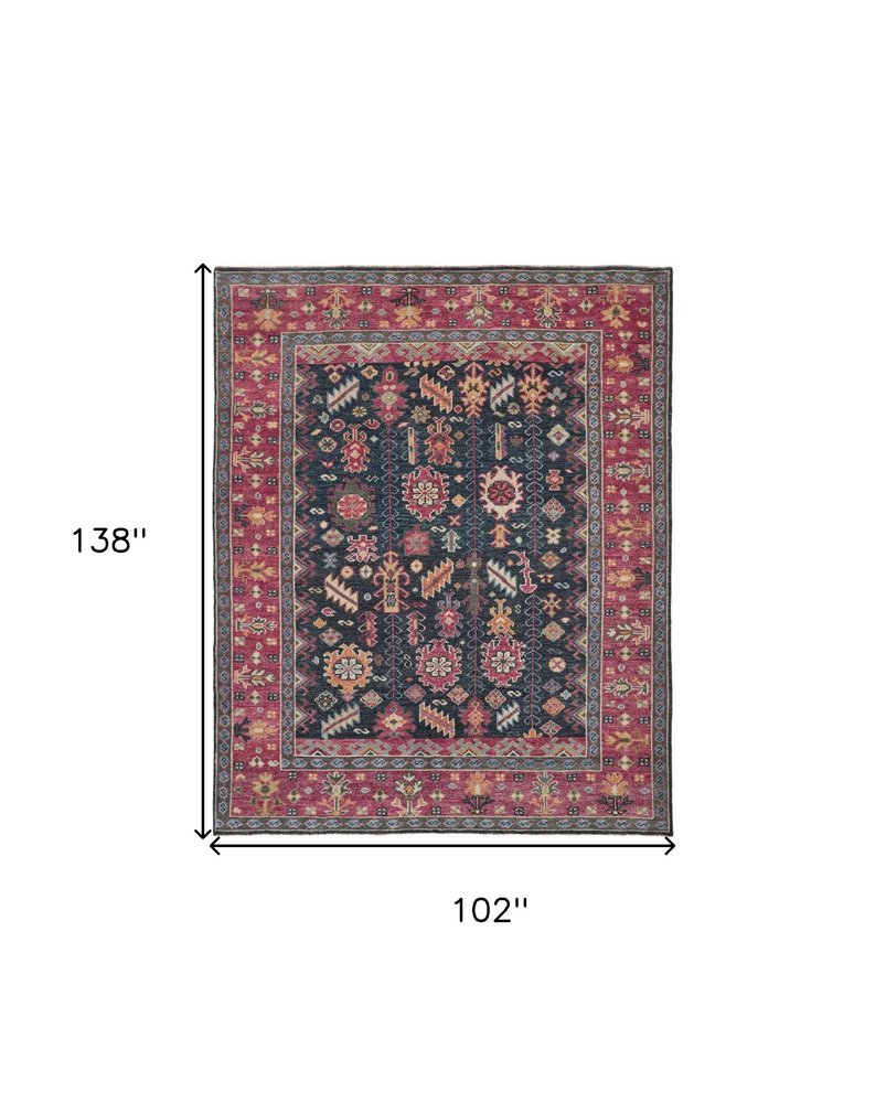 10' X 13' Dark Pink Blue And Black Wool Tribal Hand Knotted Distressed Area Rug With Fringe