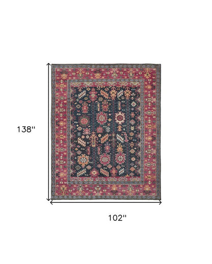 10' X 13' Dark Pink Blue And Black Wool Tribal Hand Knotted Distressed Area Rug With Fringe