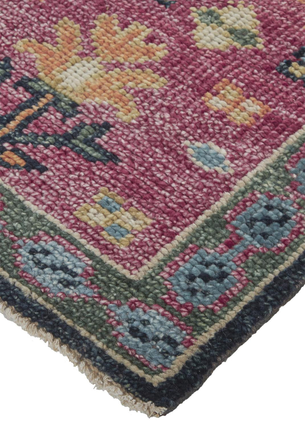 8' X 10' Pink Blue And Orange Wool Floral Hand Knotted Distressed Stain Resistant Area Rug With Fringe