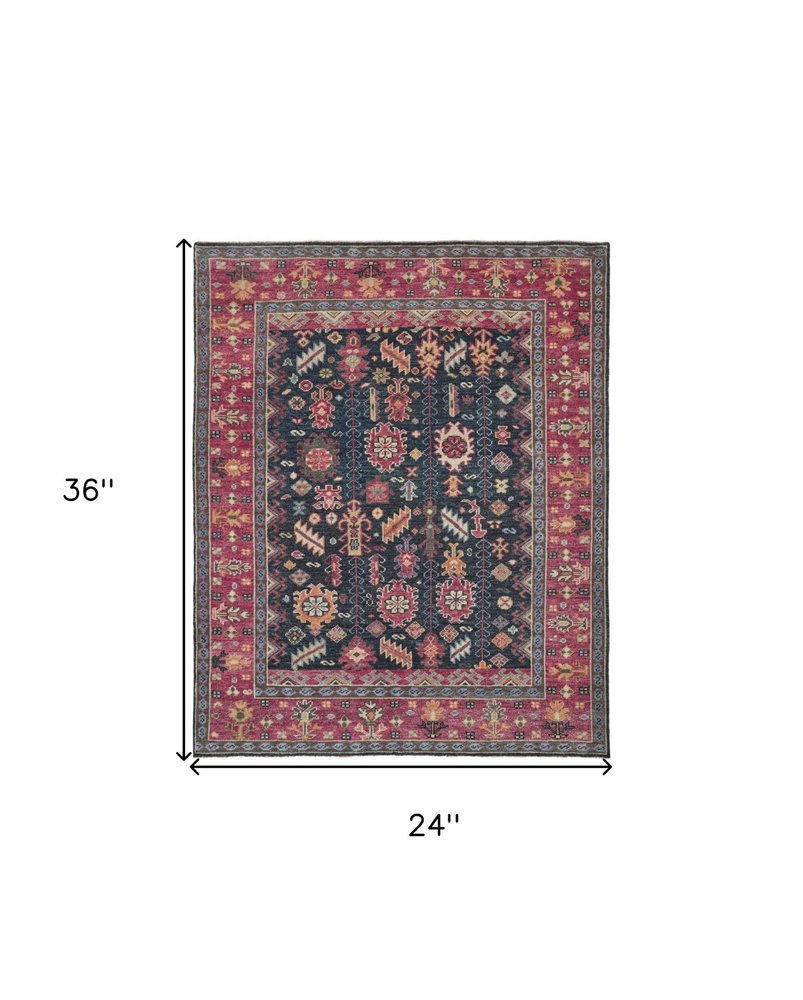 2' X 3' Dark Pink Blue And Black Wool Tribal Hand Knotted Distressed Area Rug With Fringe