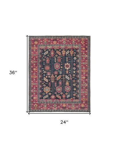 2' X 3' Dark Pink Blue And Black Wool Tribal Hand Knotted Distressed Area Rug With Fringe