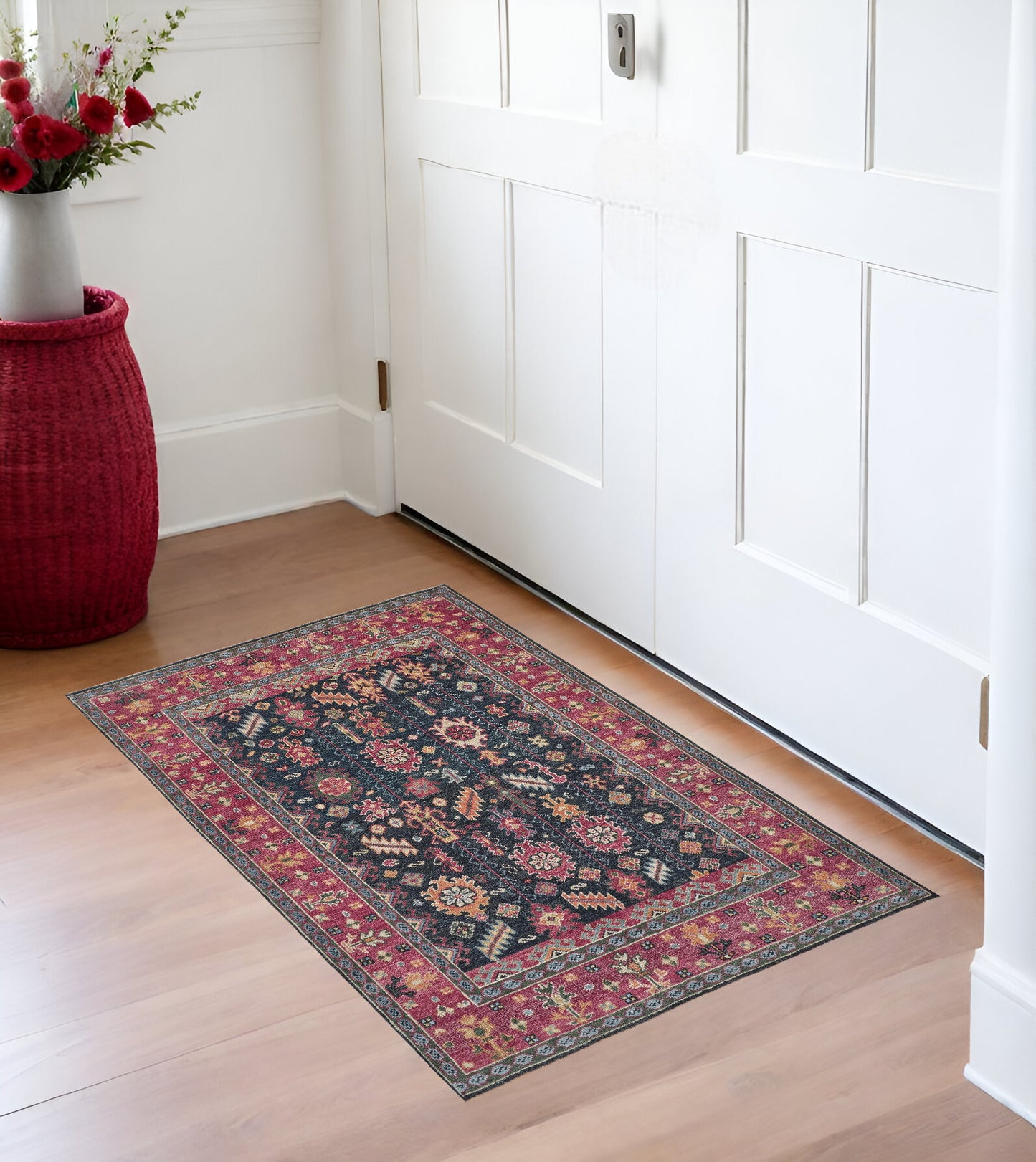 8' X 10' Pink Blue And Orange Wool Floral Hand Knotted Distressed Stain Resistant Area Rug With Fringe