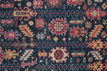 2' X 3' Dark Pink Blue And Black Wool Tribal Hand Knotted Distressed Area Rug With Fringe