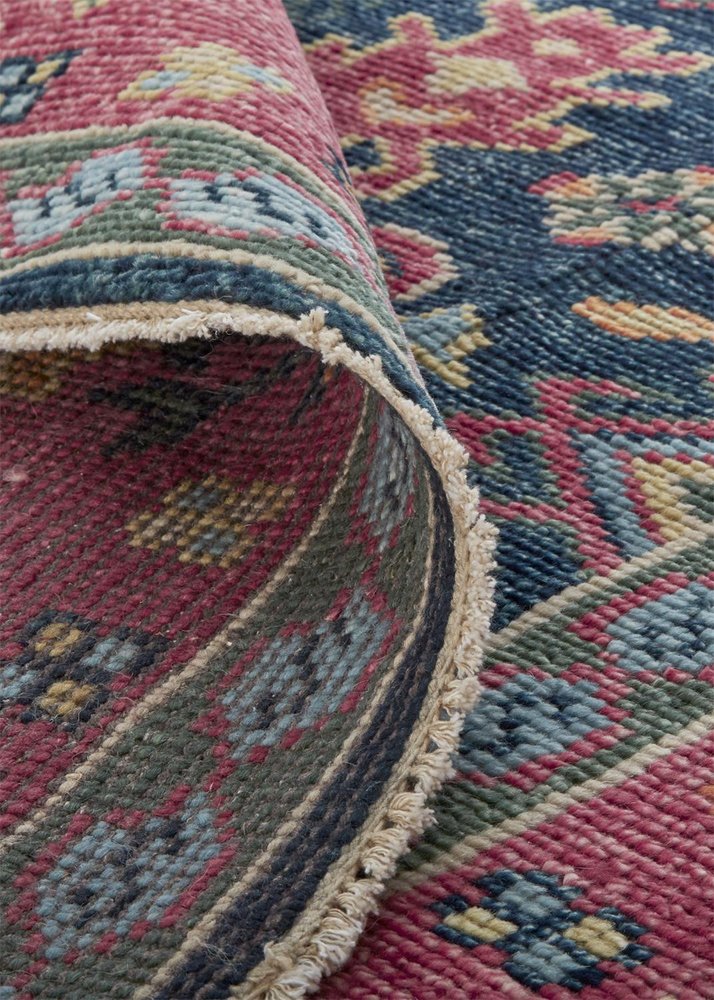 2' X 3' Dark Pink Blue And Black Wool Tribal Hand Knotted Distressed Area Rug With Fringe