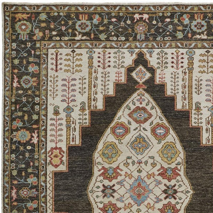 2' X 3' Green and Ivory Wool Floral Hand Knotted Distressed Area Rug With Fringe