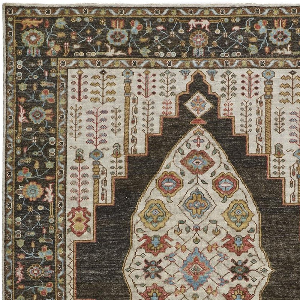 2' X 3' Green and Ivory Wool Floral Hand Knotted Distressed Area Rug With Fringe