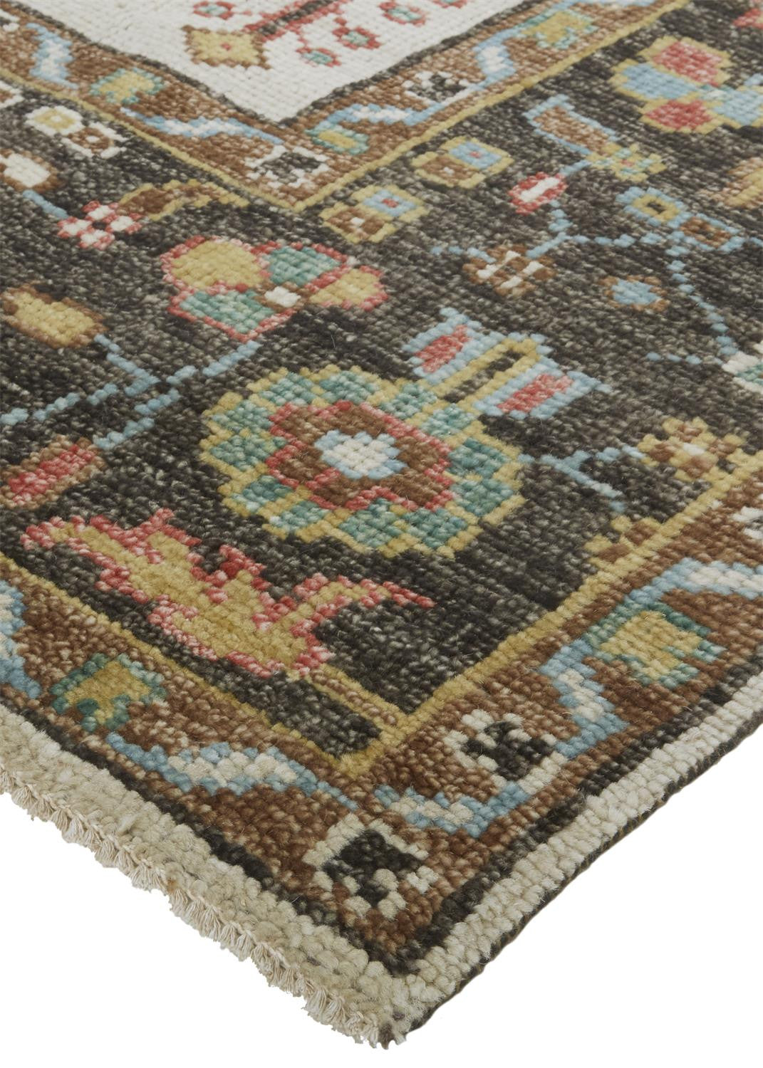 4' X 6' Brown Yellow And Green Wool Floral Hand Knotted Distressed Stain Resistant Area Rug With Fringe