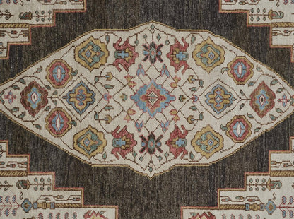 2' X 3' Green and Ivory Wool Floral Hand Knotted Distressed Area Rug With Fringe