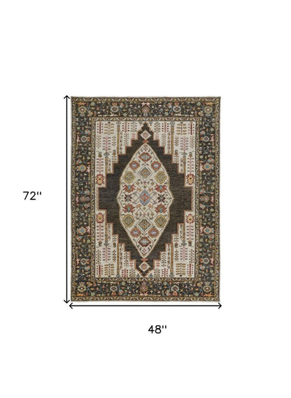 2' X 3' Green and Ivory Wool Floral Hand Knotted Distressed Area Rug With Fringe